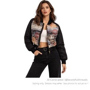 Graffiti Art Print Puffer Bomber Jacket Streetwear Gallery Style Women M